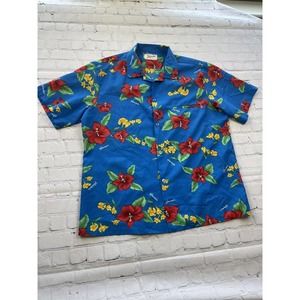 Vintage Helena's Hawaiian Mens Size Large Made In Hawaii Blue /Red Hibiscus